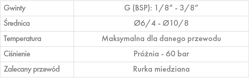 Gwinty,G (BSP): 1/8” 3/8”, rednica, 6/4 10/8,Temperatura,Maksymalna dla danego przewodu,Ci nienie,Pr  nia 60 bar,Zal...