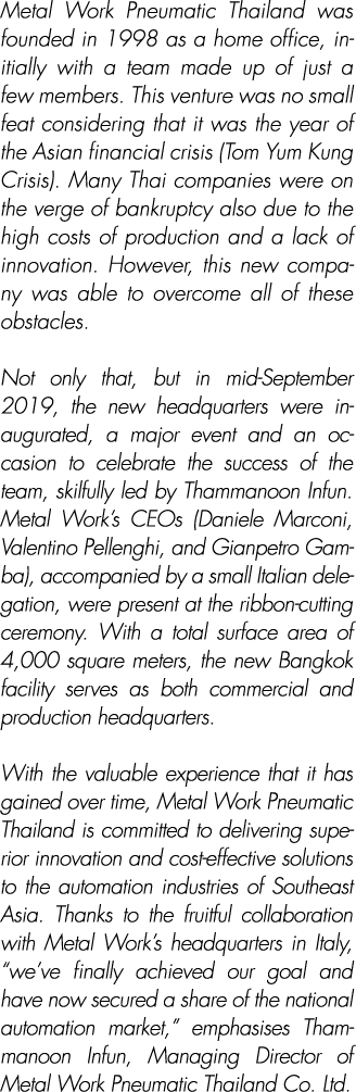Metal Work Pneumatic Thailand was founded in 1998 as a home office, initially with a team made up of just a few membe   